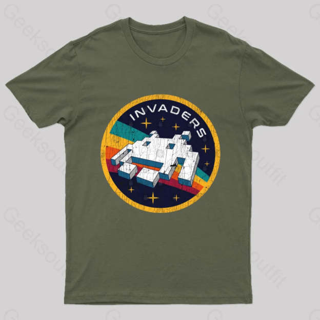 Invaders Video Game Space Patch Nerd T-Shirt Army Green / S