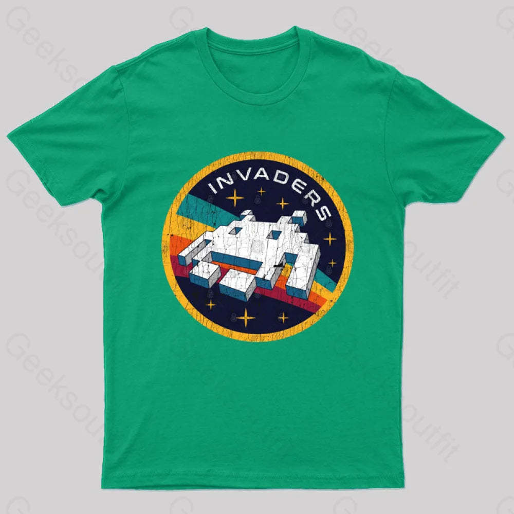 Invaders Video Game Space Patch Nerd T-Shirt Green / S
