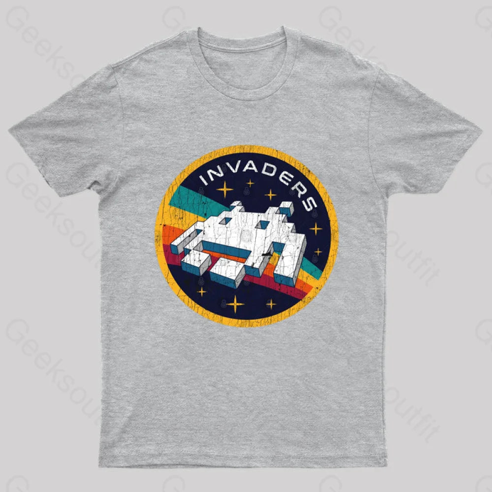 Invaders Video Game Space Patch Nerd T-Shirt Grey / S