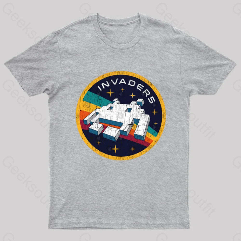 Invaders Video Game Space Patch Nerd T-Shirt Grey / S
