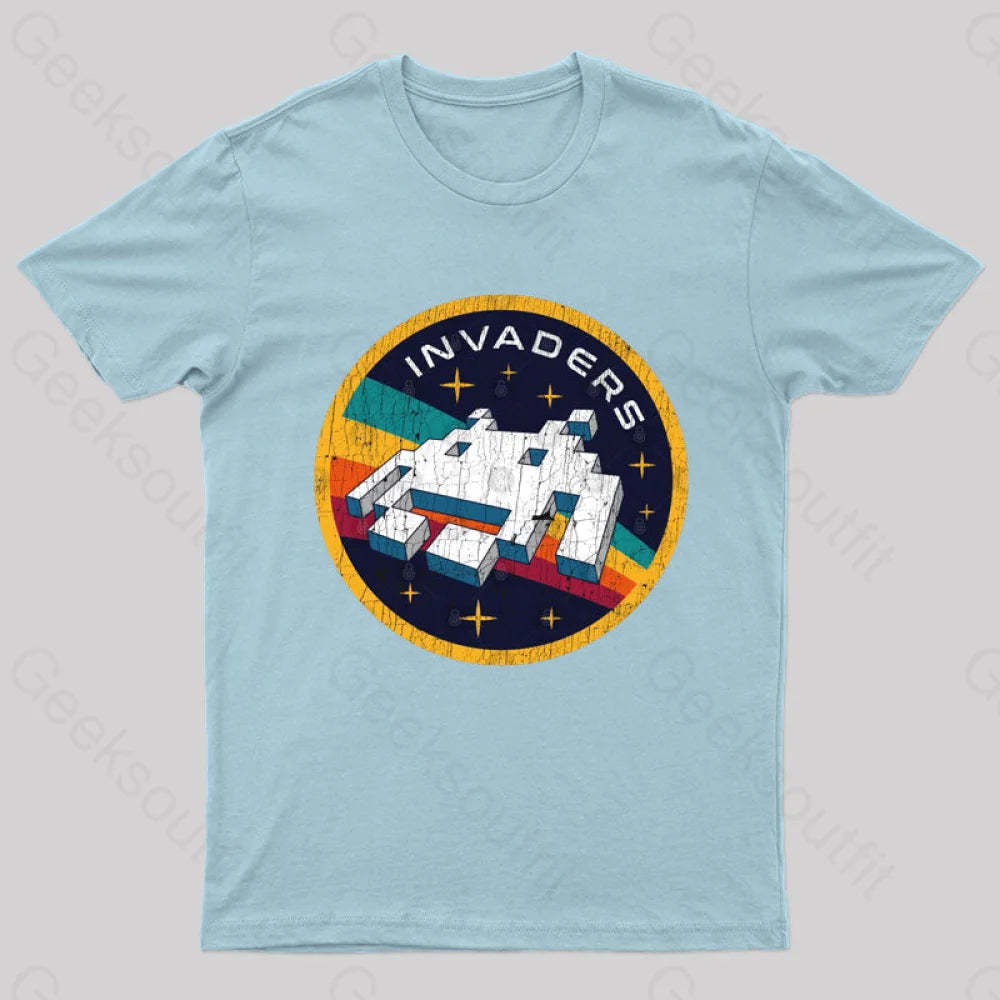 Invaders Video Game Space Patch Nerd T-Shirt Light Blue / S