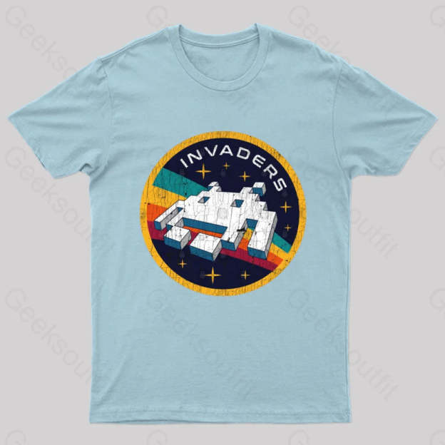 Invaders Video Game Space Patch Nerd T-Shirt Light Blue / S