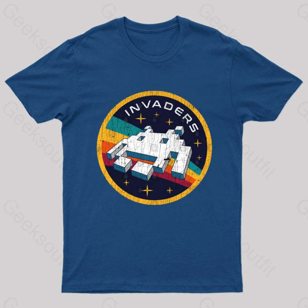 Invaders Video Game Space Patch Nerd T-Shirt Navy / S