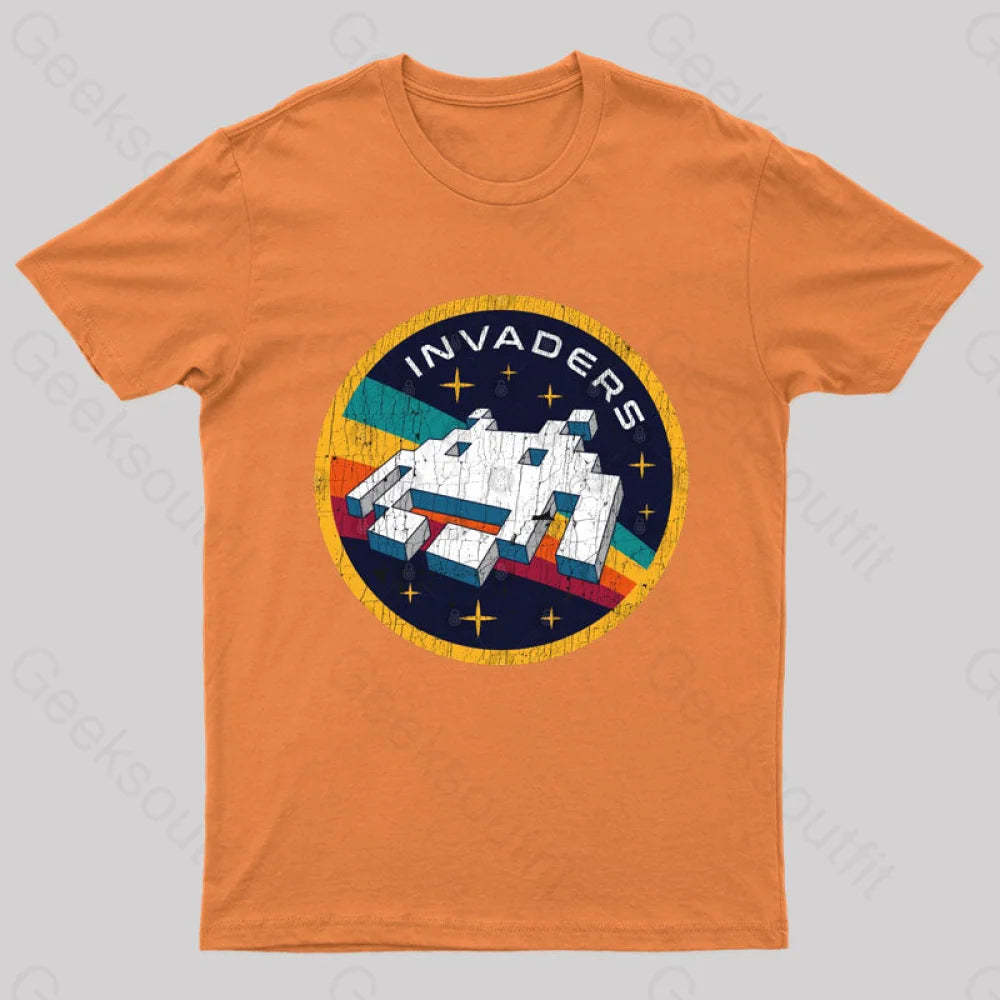 Invaders Video Game Space Patch Nerd T-Shirt Orange / S