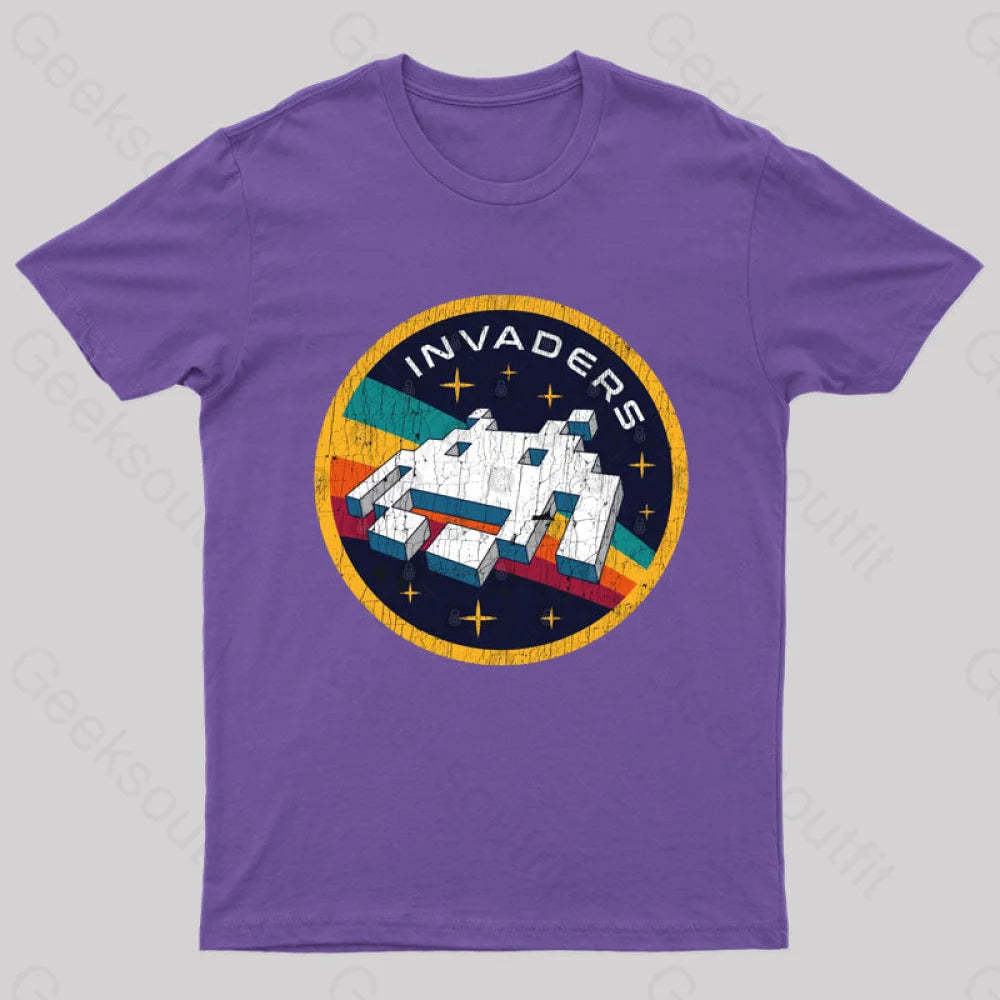 Invaders Video Game Space Patch Nerd T-Shirt Purple / S