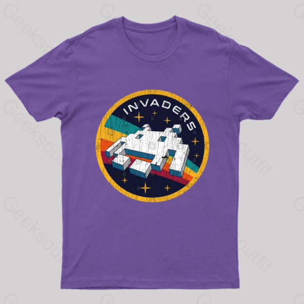 Invaders Video Game Space Patch Nerd T-Shirt Purple / S