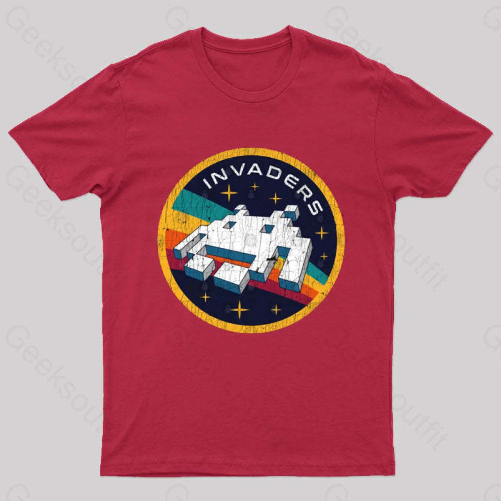 Invaders Video Game Space Patch Nerd T-Shirt Red / S