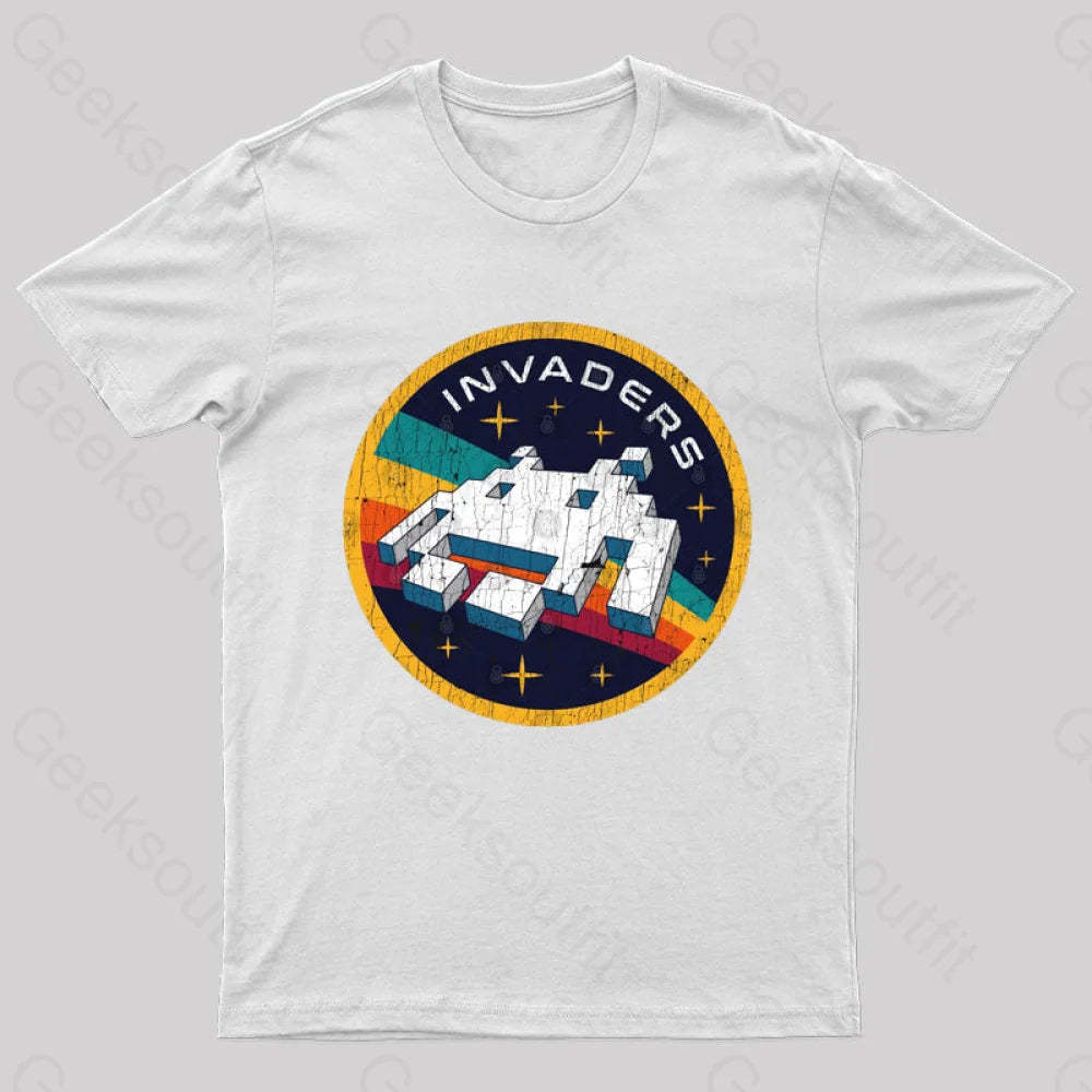 Invaders Video Game Space Patch Nerd T-Shirt White / S