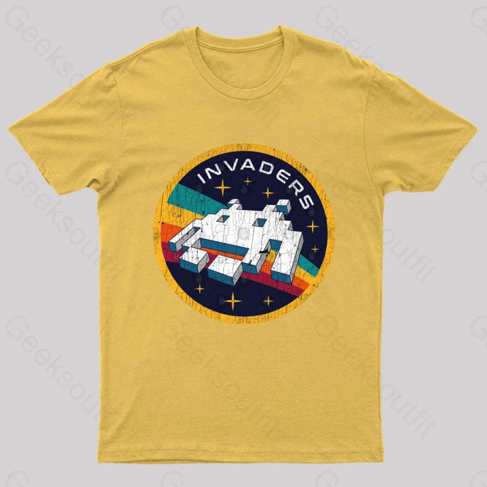 Invaders Video Game Space Patch Nerd T-Shirt Yellow / S