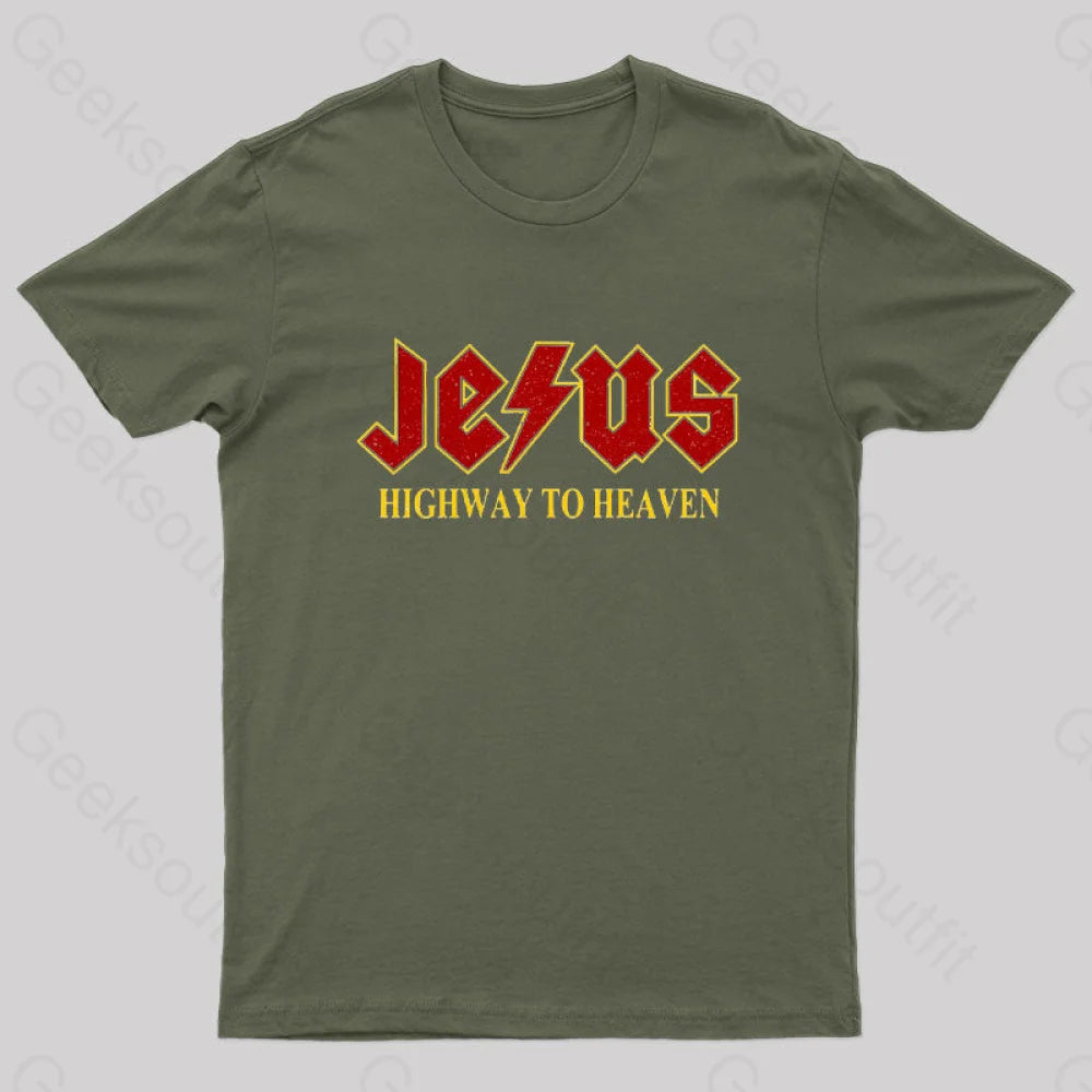 Jesus Rocks Highway To Heaven Nerd T-Shirt Army Green / S