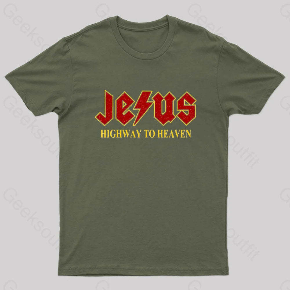 Jesus Rocks Highway To Heaven Nerd T-Shirt Army Green / S