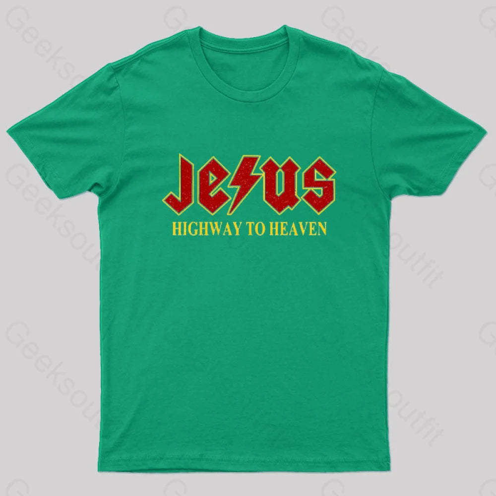 Jesus Rocks Highway To Heaven Nerd T-Shirt Green / S