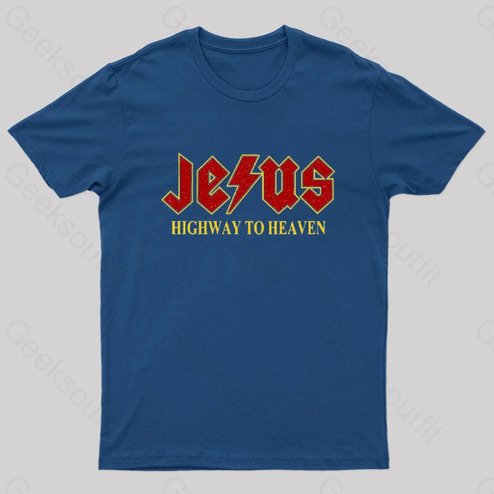 Jesus Rocks Highway To Heaven Nerd T-Shirt Navy / S