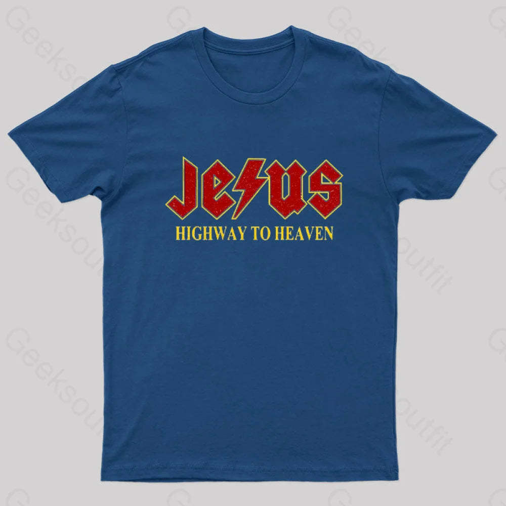 Jesus Rocks Highway To Heaven Nerd T-Shirt Navy / S