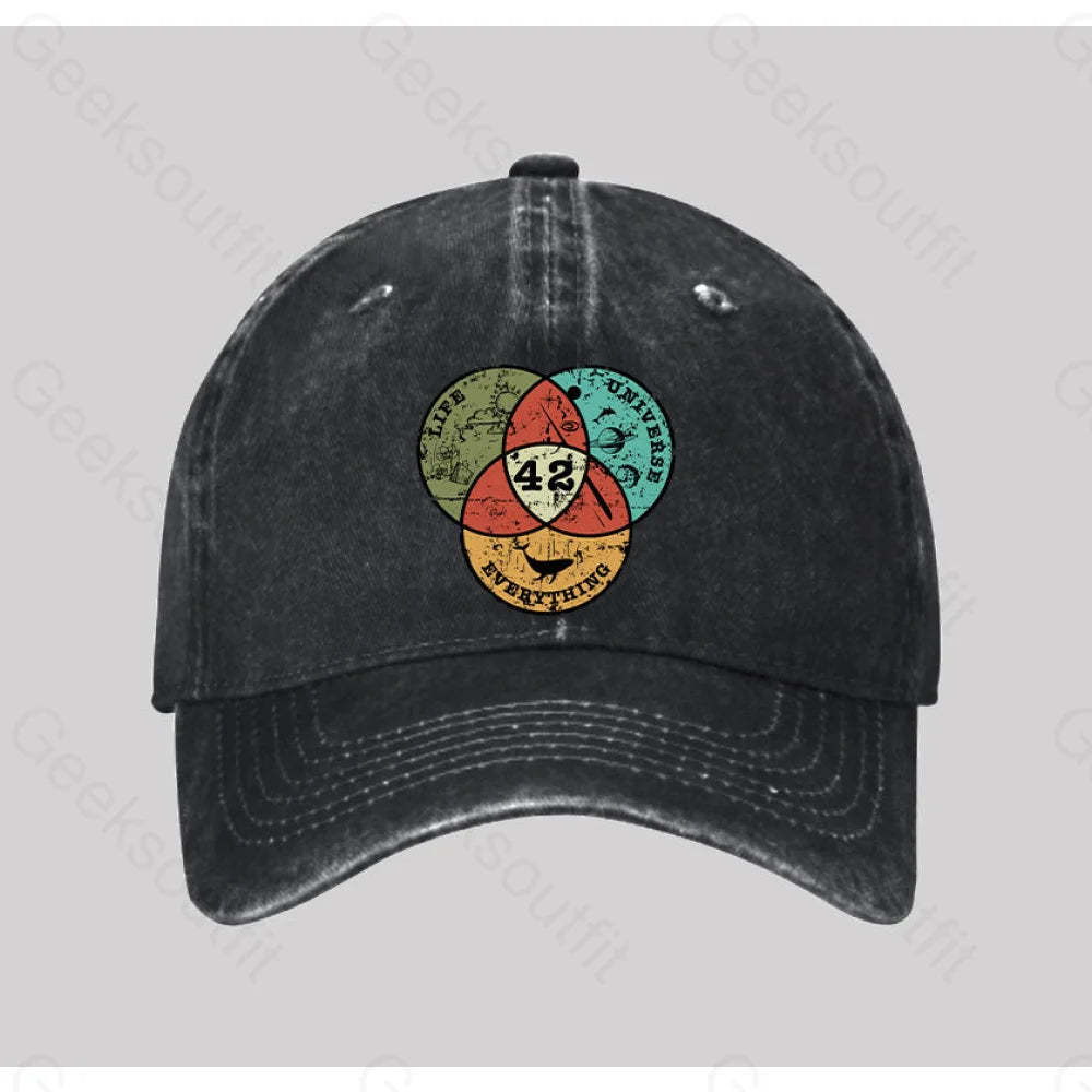 Life The Universe & Everything Washed Vintage Baseball Cap Black