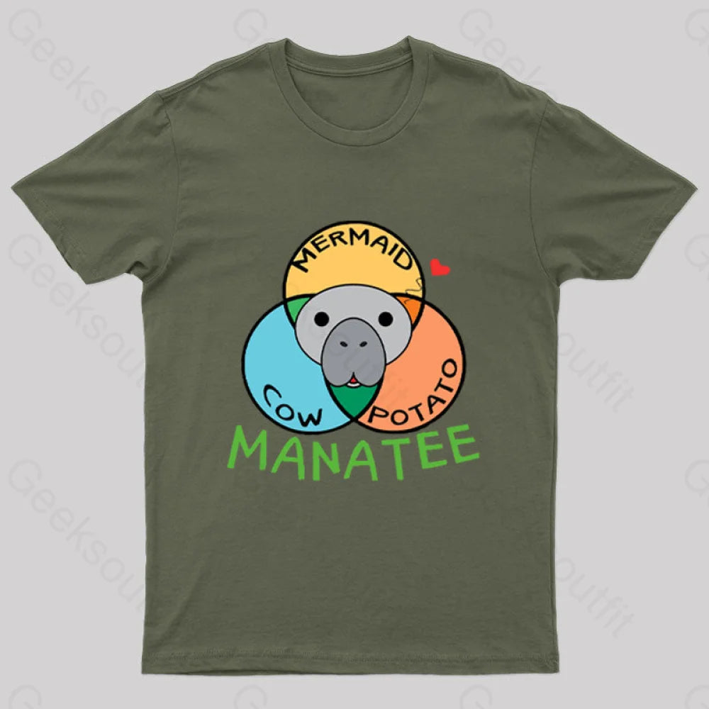 Manatee Cow Mermaid Potato Nerd T-Shirt Army Green / S