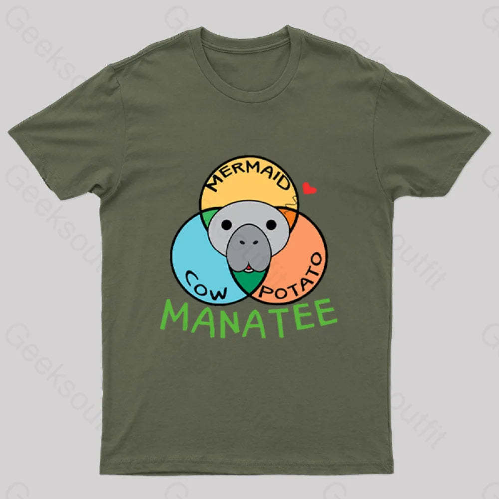 Manatee Cow Mermaid Potato Nerd T-Shirt Army Green / S