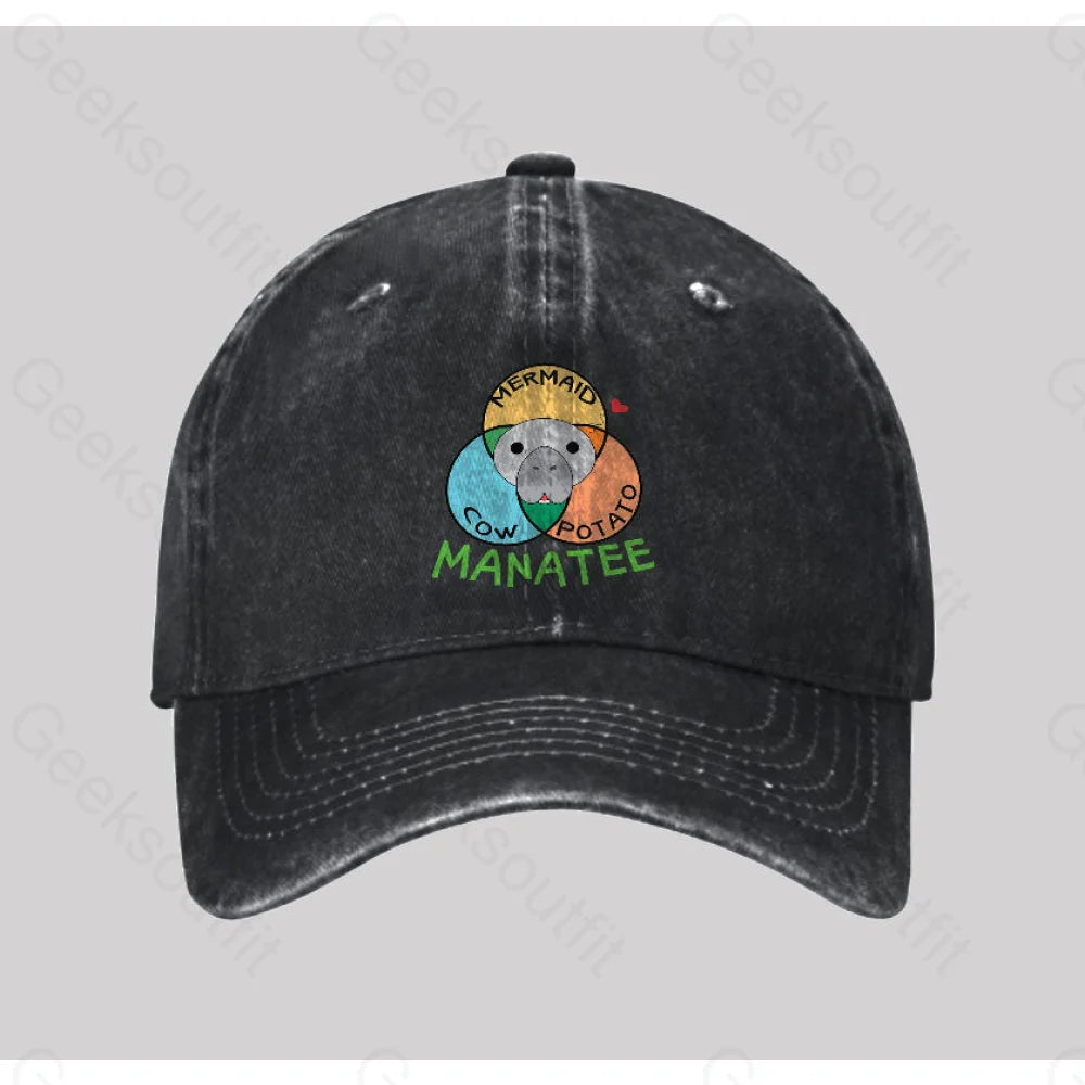 Manatee Cow Mermaid Potato Washed Vintage Baseball Cap Black