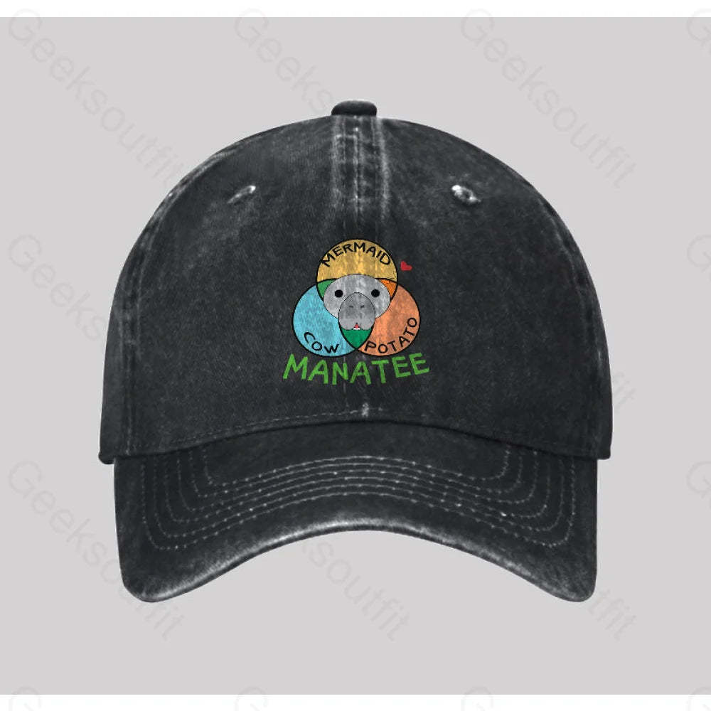 Manatee Cow Mermaid Potato Washed Vintage Baseball Cap Black