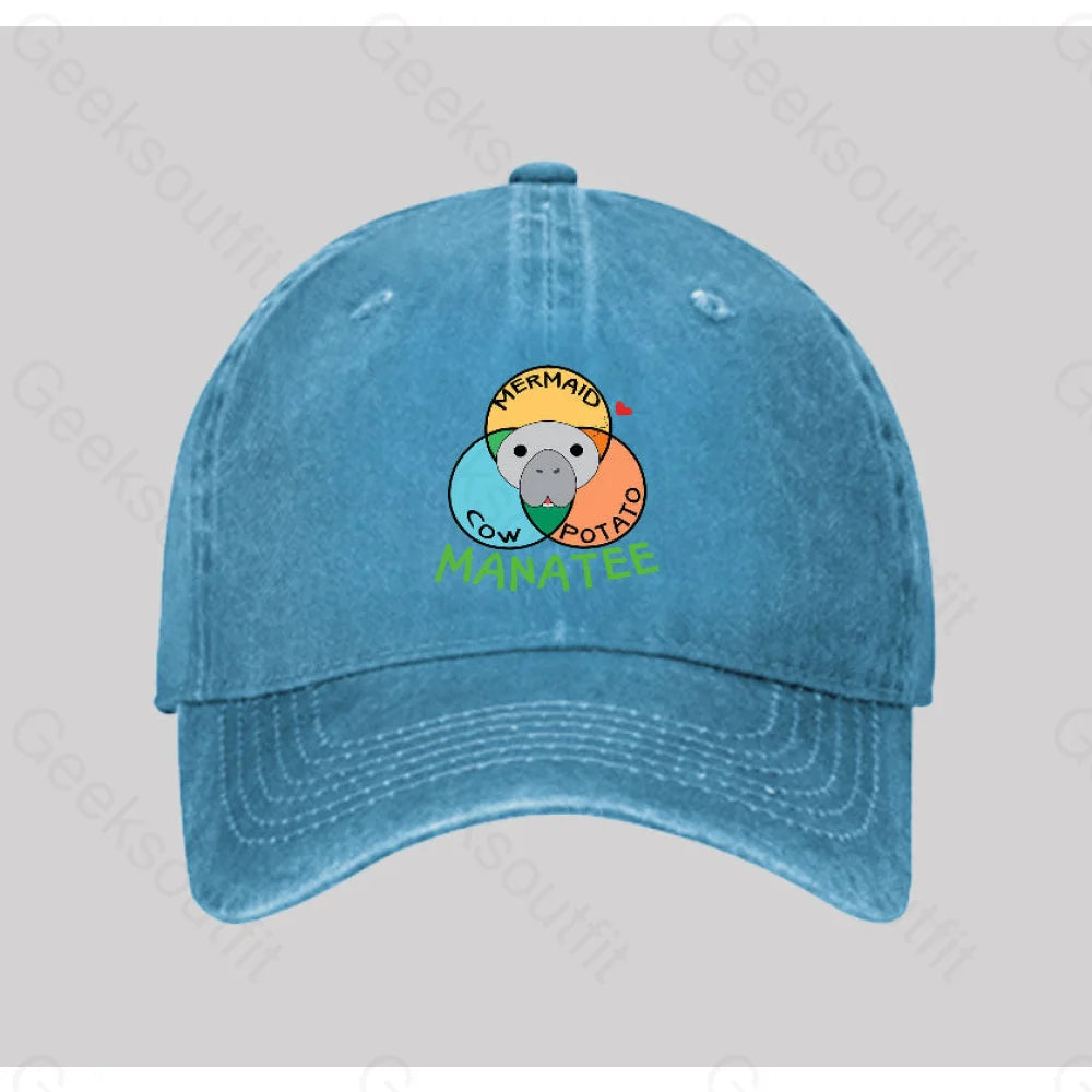 Manatee Cow Mermaid Potato Washed Vintage Baseball Cap Blue