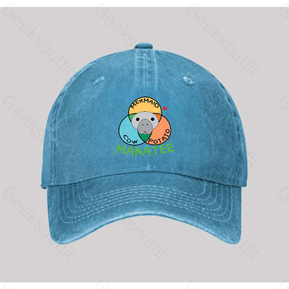 Manatee Cow Mermaid Potato Washed Vintage Baseball Cap Blue