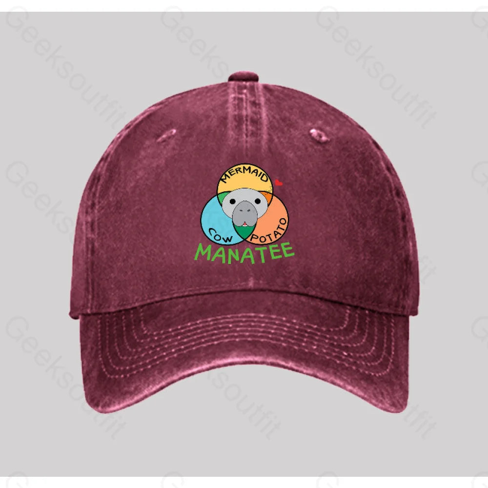 Manatee Cow Mermaid Potato Washed Vintage Baseball Cap Red