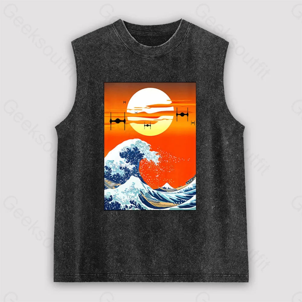 Meets Hokusai Unisex Washed Tank Black / S