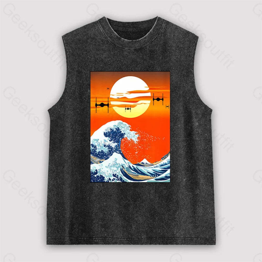 Meets Hokusai Unisex Washed Tank Black / S