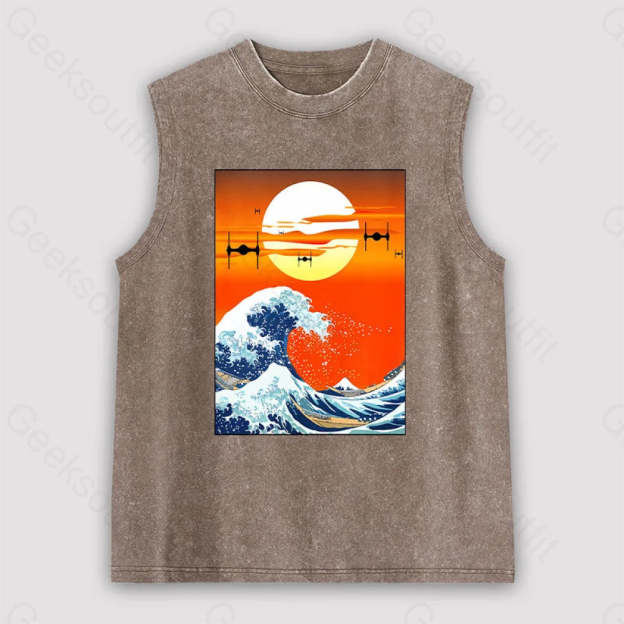 Meets Hokusai Unisex Washed Tank Brown / S
