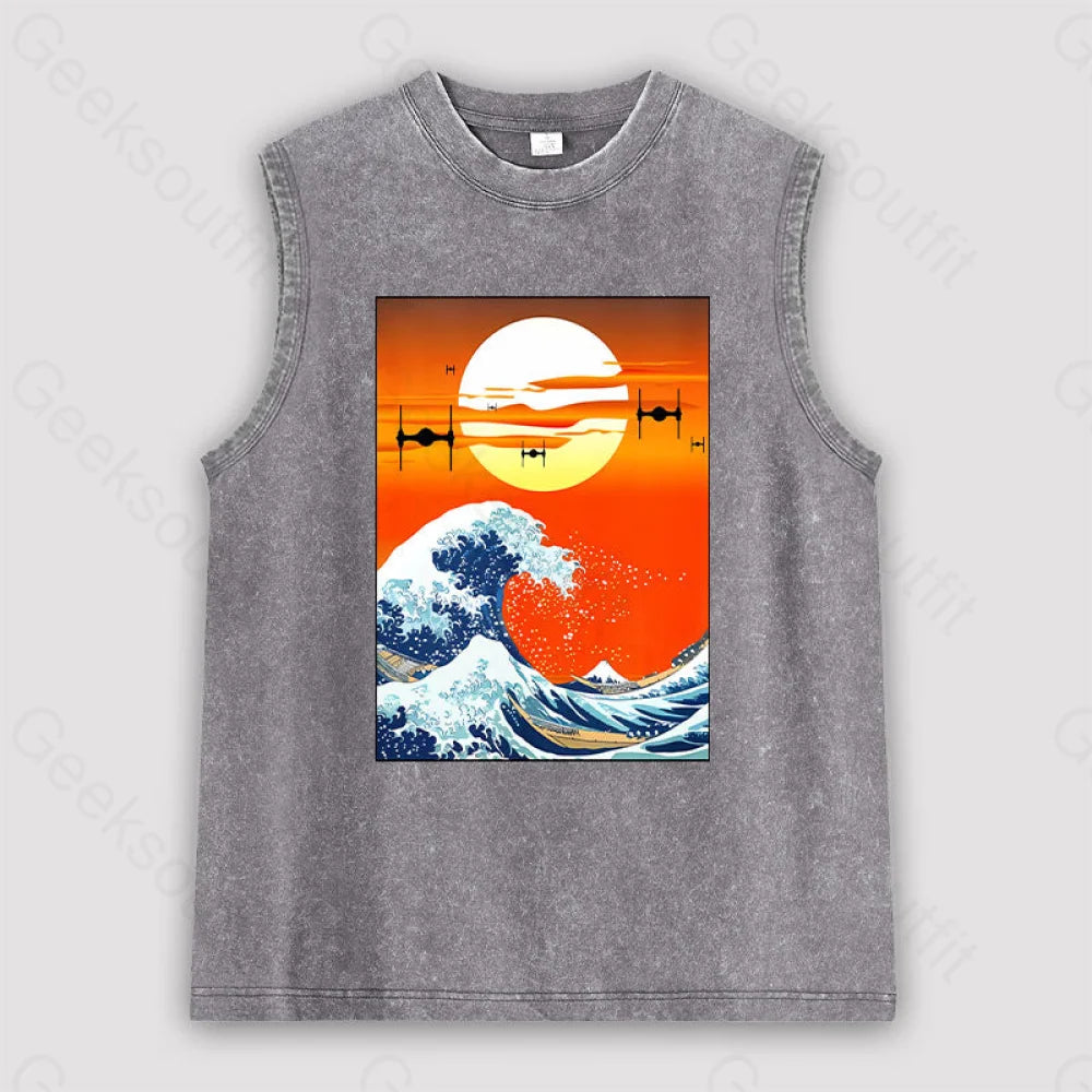 Meets Hokusai Unisex Washed Tank Grey / S