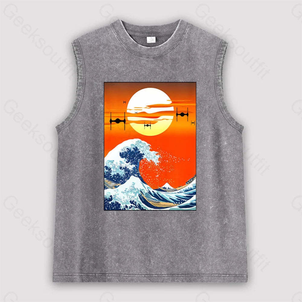 Meets Hokusai Unisex Washed Tank Grey / S