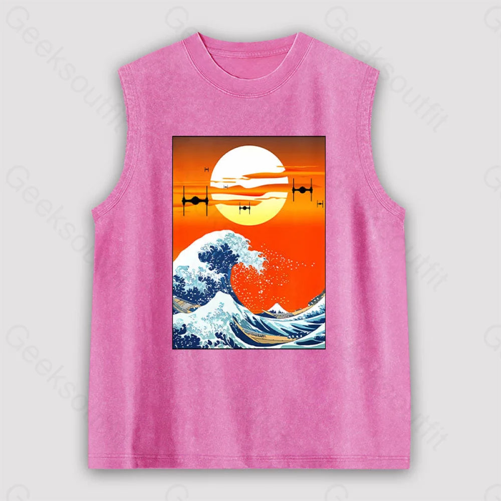 Meets Hokusai Unisex Washed Tank Pink / S