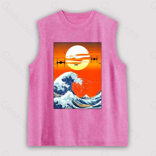 Meets Hokusai Unisex Washed Tank Pink / S