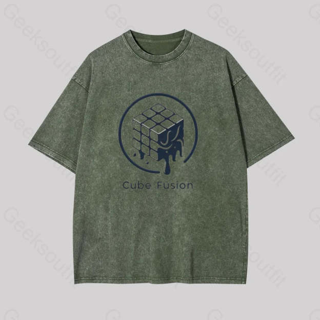 Melting Rubiks Cube Geek Washed T-Shirt Armygreen / S