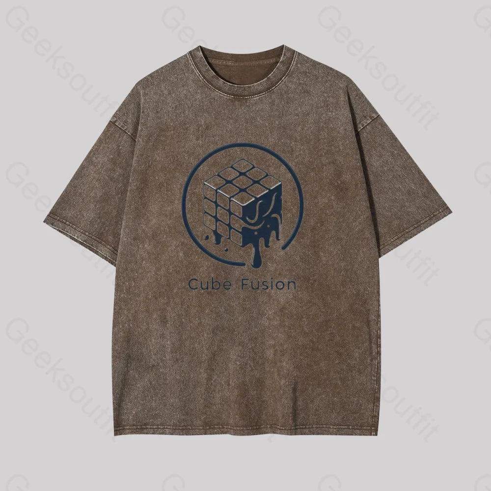 Melting Rubiks Cube Geek Washed T-Shirt Coffee / S