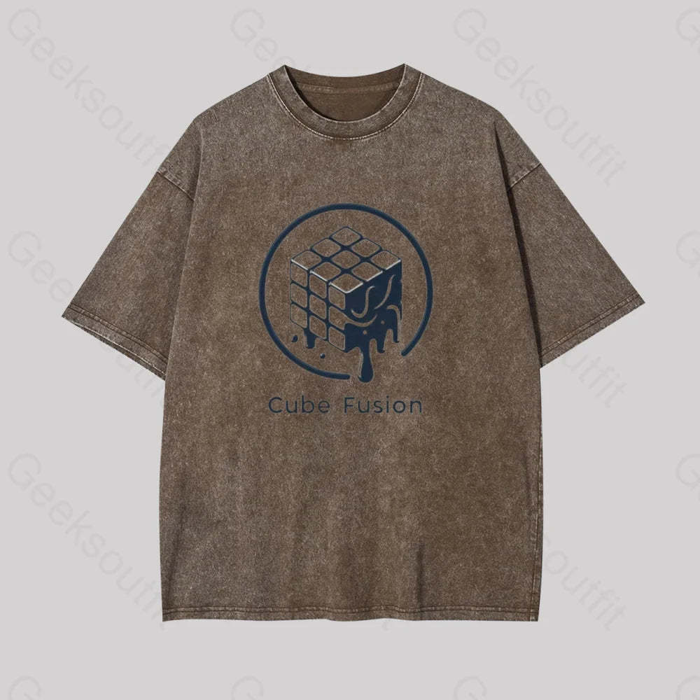 Melting Rubiks Cube Geek Washed T-Shirt Coffee / S