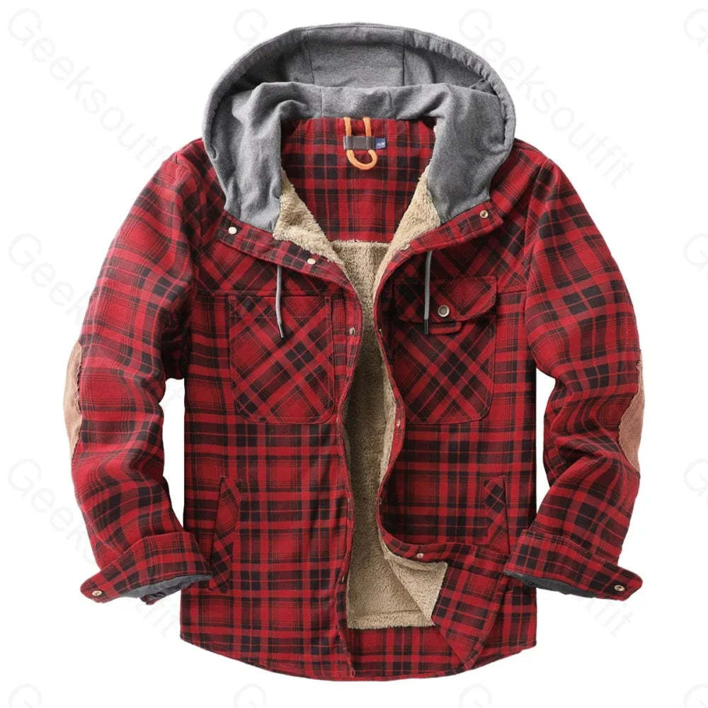 Mens Fleece Lining Basic Shirt Jacket With Hood - Geeksoutfit