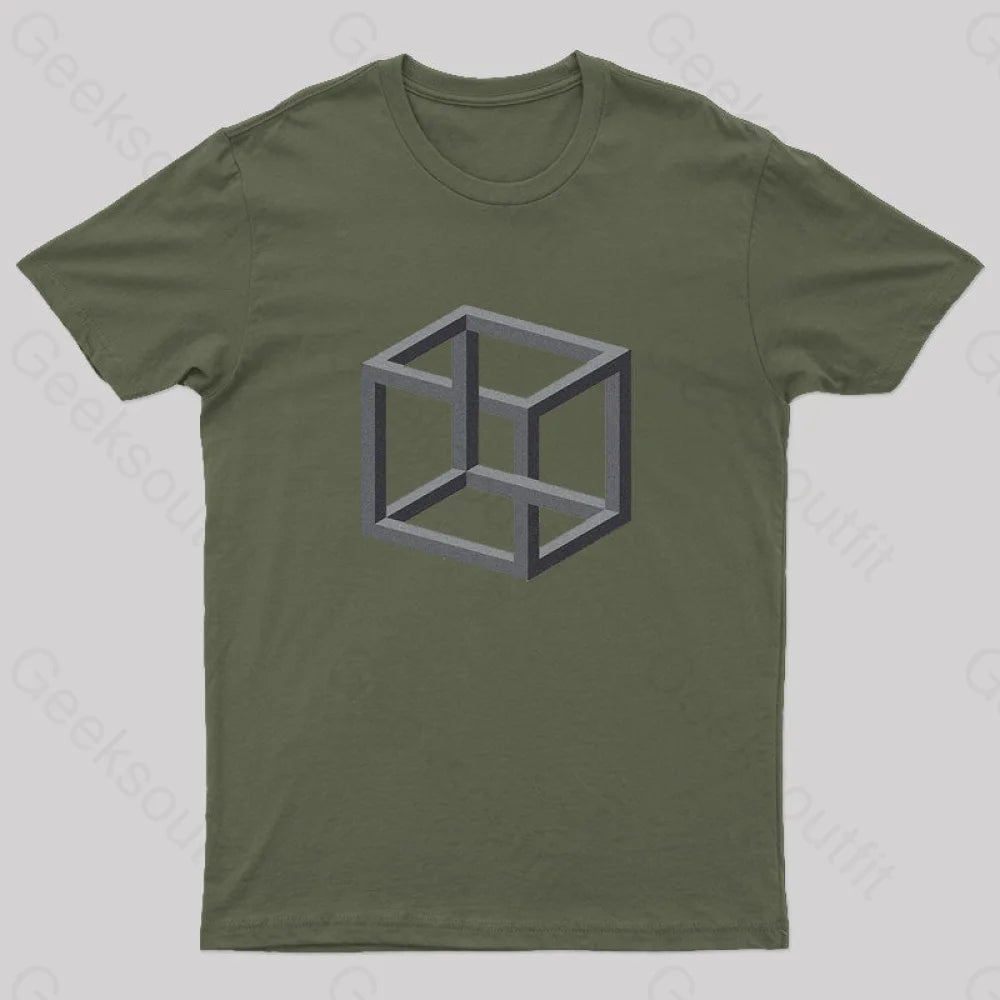Necker Cube Illusion T-Shirt Army Green / S