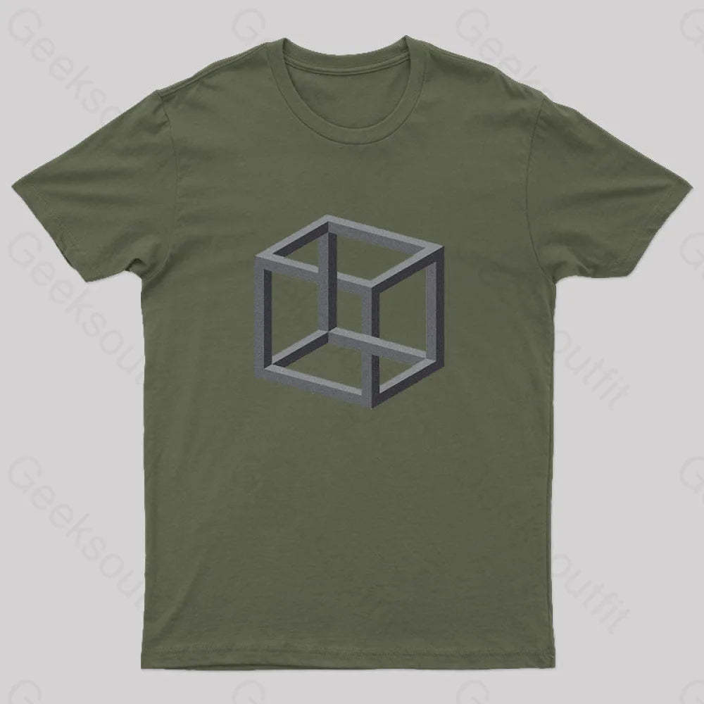 Necker Cube Illusion T-Shirt Army Green / S