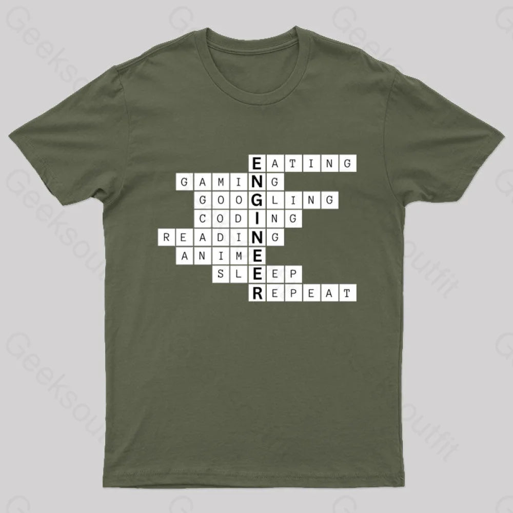 Nerdy Engineer Puzzle Crossword Geek T-Shirt Army Green / S