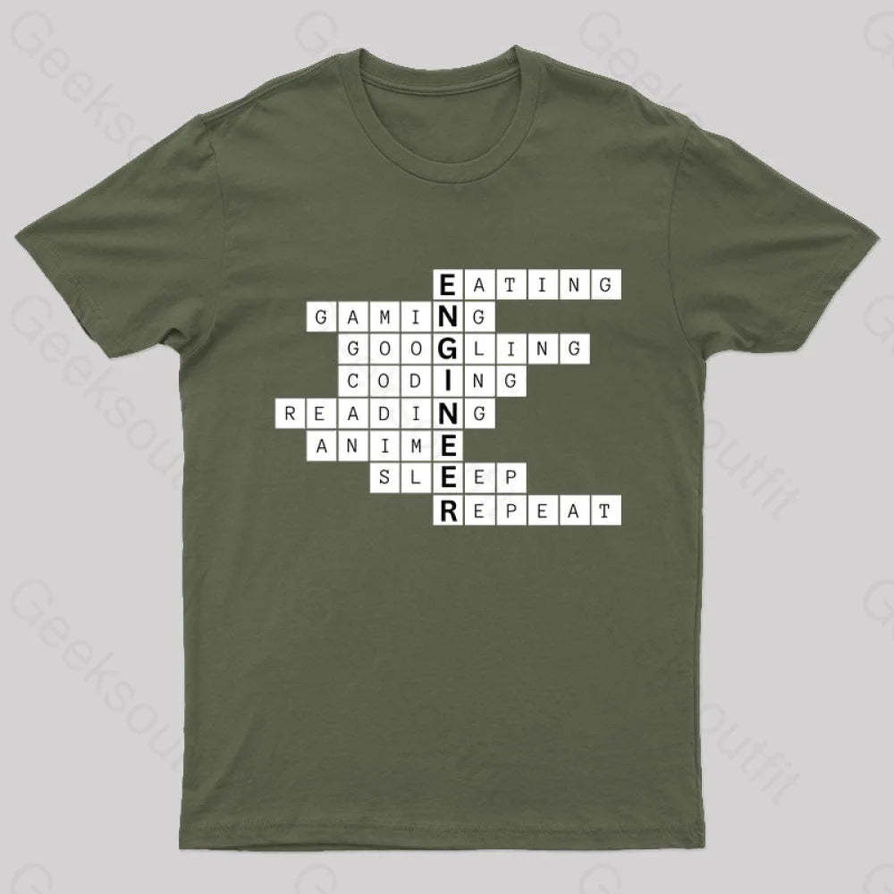 Nerdy Engineer Puzzle Crossword Geek T-Shirt Army Green / S