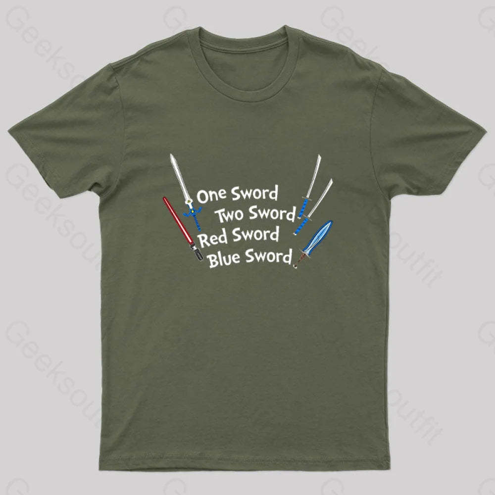 One Sword Two Red Blue Geek T-Shirt Army Green / S