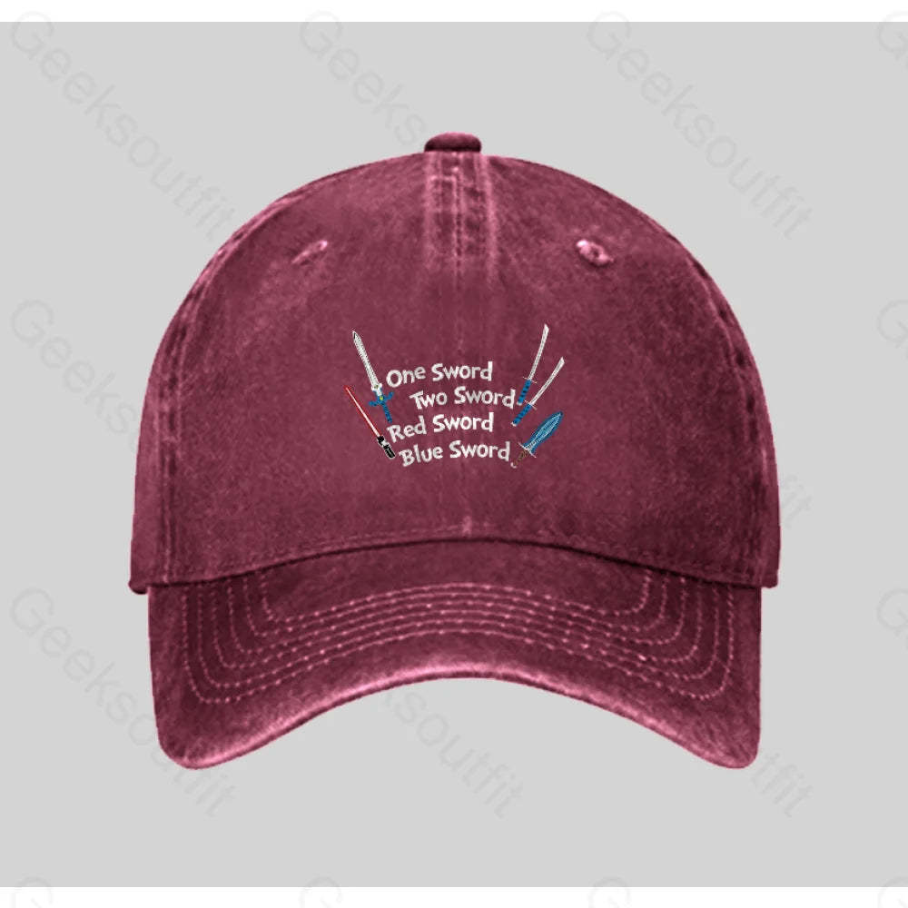 One Sword Two Red Blue Washed Vintage Baseball Cap