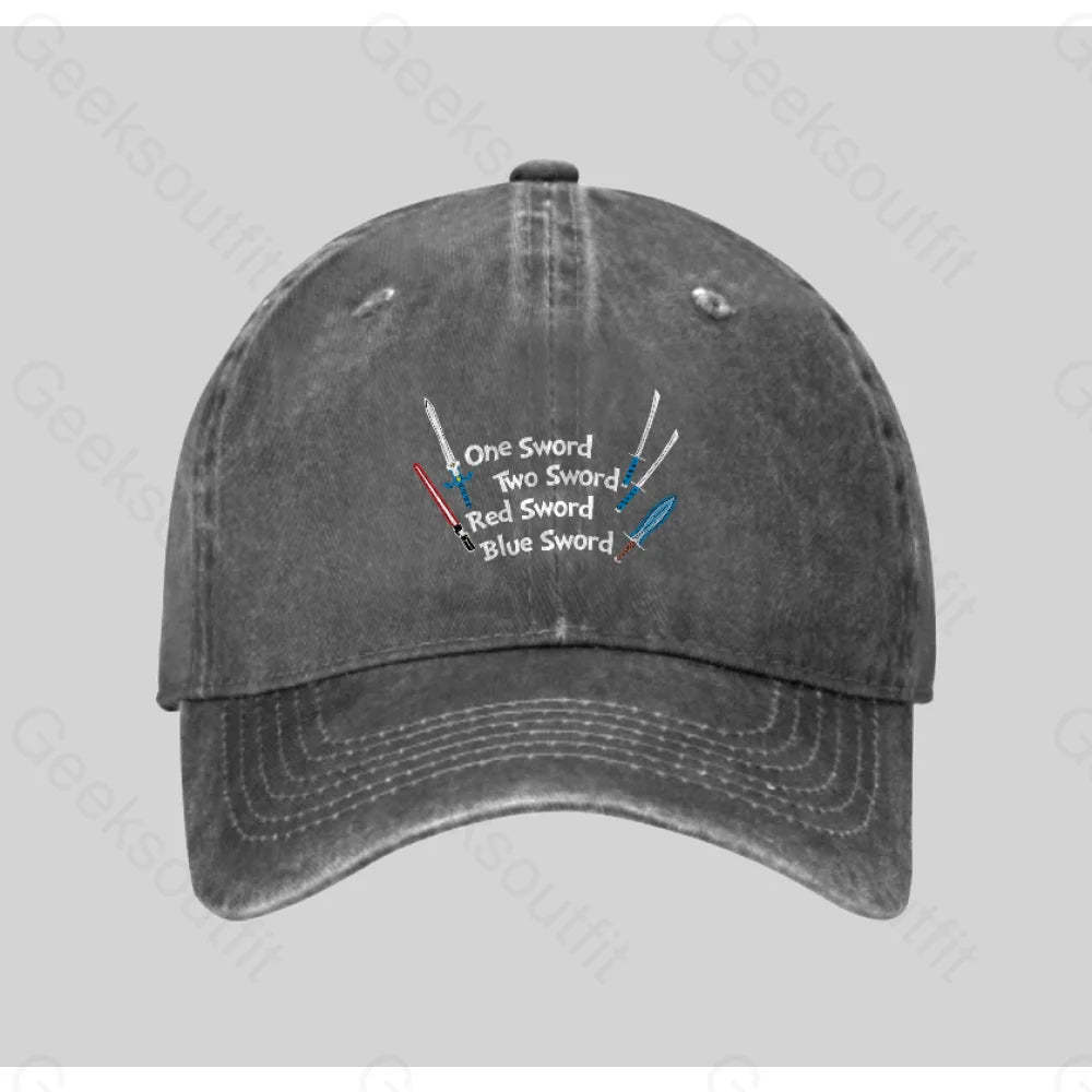 One Sword Two Red Blue Washed Vintage Baseball Cap Grey