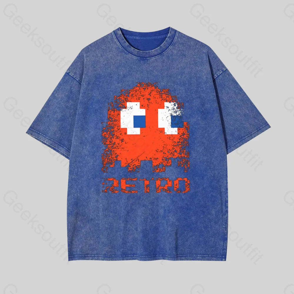 Pac Man Retro Geek Washed T-Shirt Blue / S