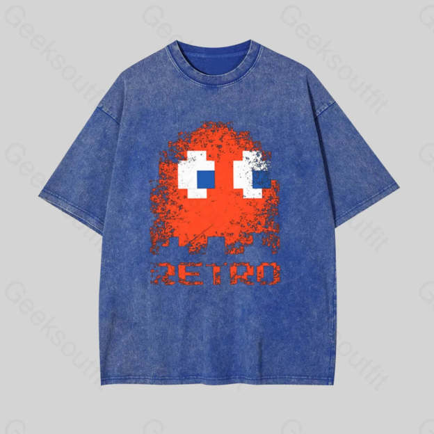 Pac Man Retro Geek Washed T-Shirt Blue / S