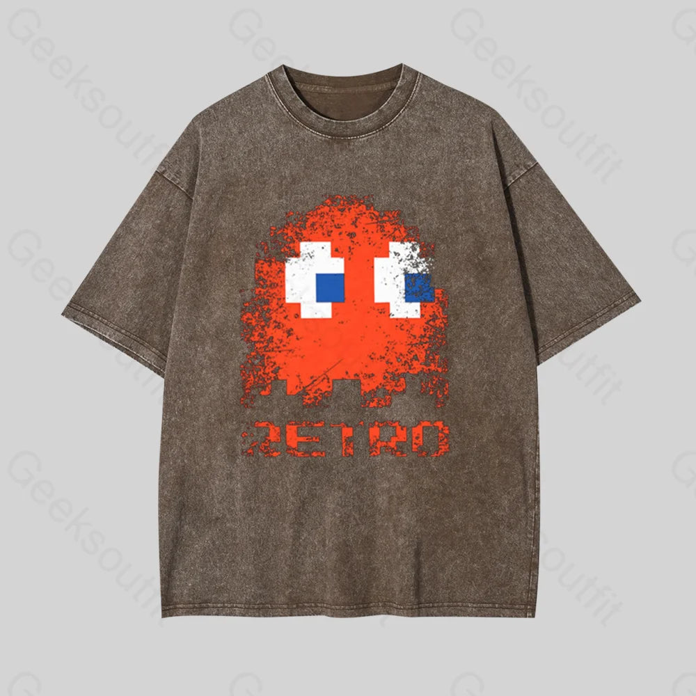 Pac Man Retro Geek Washed T-Shirt Coffee / S