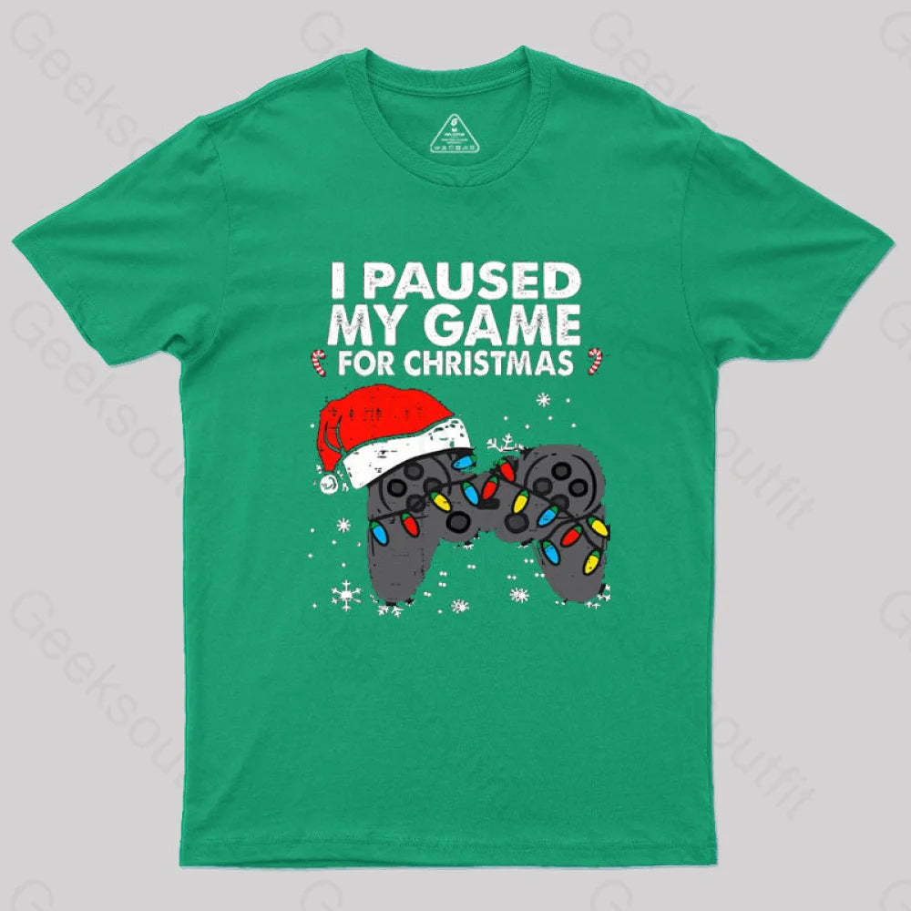Paused My Game Christmas Gamer T-Shirt Green / S