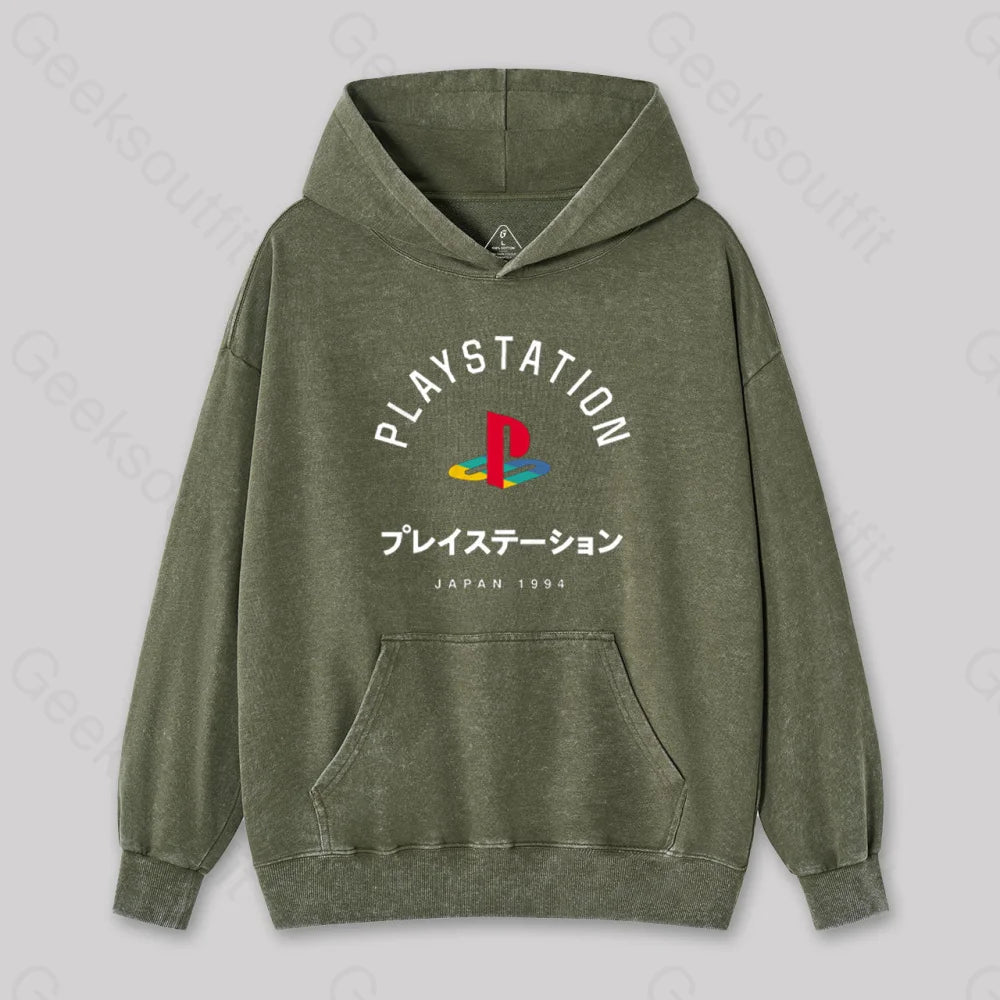 Playstation Japanese Classic Washed Hoodie Army Green / S