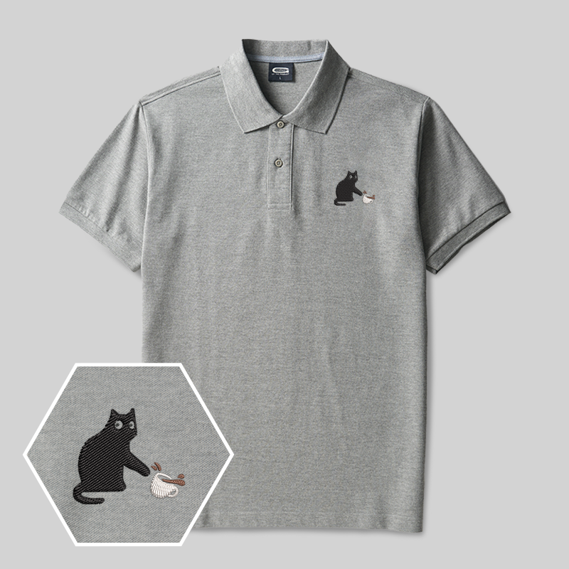 Playful Cat Geek Embroidered Polo Shirts